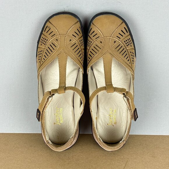 Jambu Bridget Leather T-Strap Flats Womens 7.5 Tan Hook and Loop Laser Cut - Picture 9 of 10